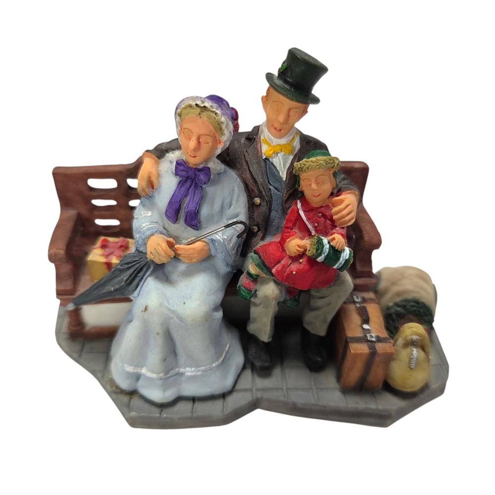 Lemax Weary Travelers Victorian Family Sitting on Bench Figurine Luggage Read